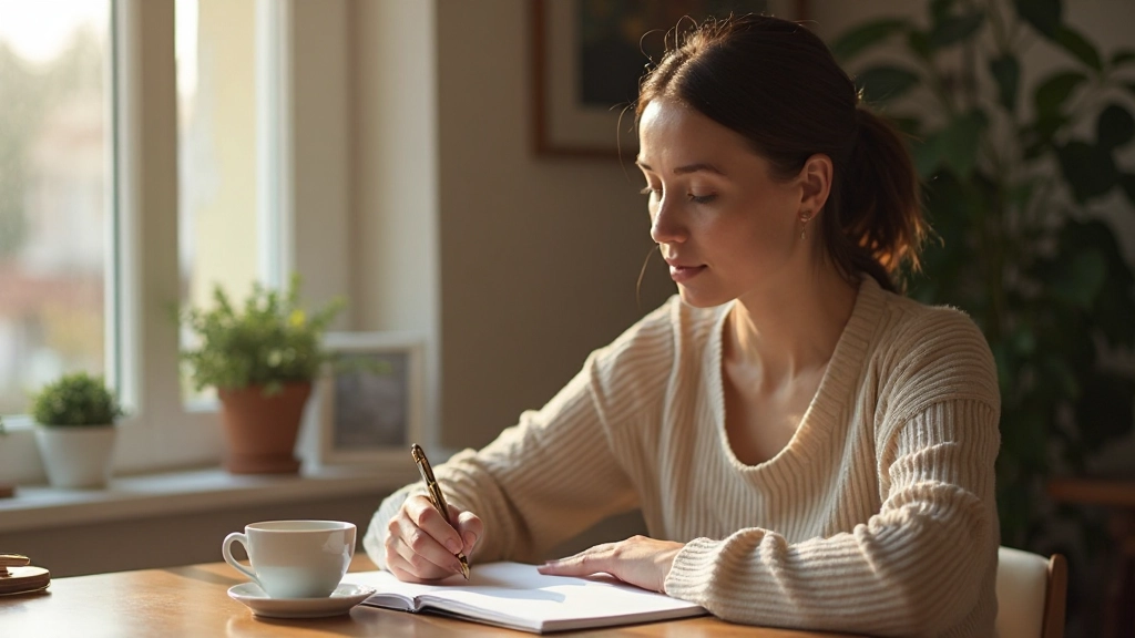 Pessoa escrevendo em um diário matinal com café quente à mesa